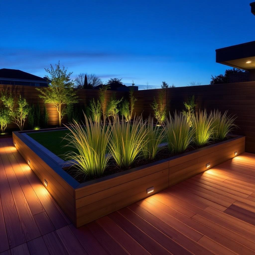 Hardwood deck terrace with grasses and integrated lighting at dusk