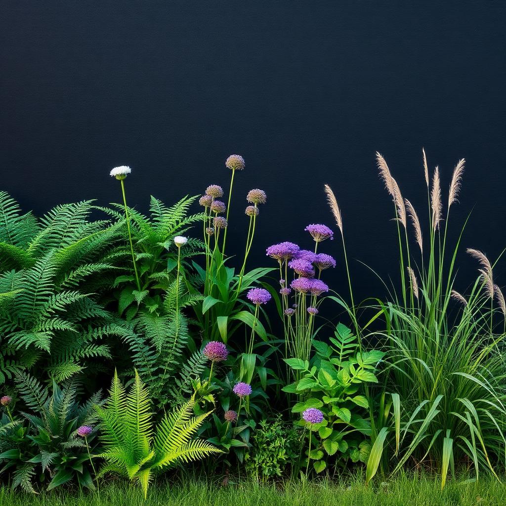 Lush border planting against a deep charcoal wall