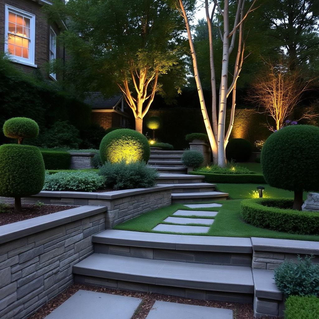 Stepped town garden with topiary and multi-stem birch