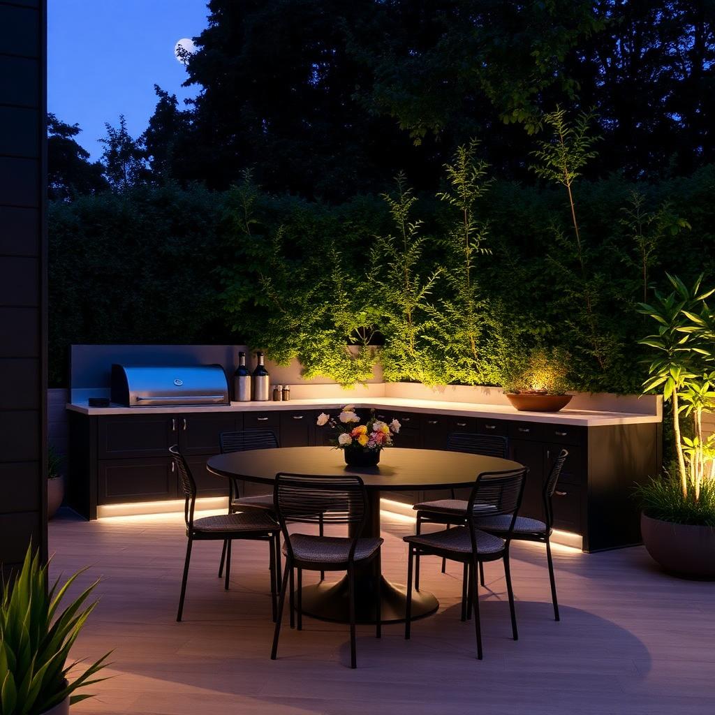 Outdoor kitchen and dining area at dusk in a Hampstead garden