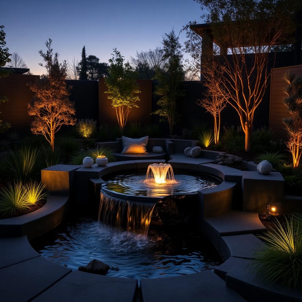 Sculptural water feature among architectural planting